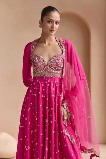 Buy_Osaa By Adarsh_Pink Silk Sweetheart Neck Embroidered Anarkali Set _Online_at_Aza_Fashions