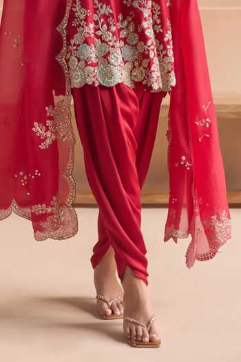 Osaa By Adarsh Red Silk Split V-neck, Yes Embroidered Kurta Set Online at Aza Fashions Osaa By Adarsh_Red Silk Split V-neck, Yes Embroidered Kurta Set _Online_at_Aza_Fashions