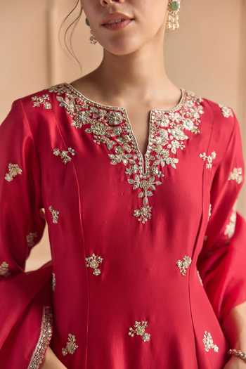 Buy Osaa By Adarsh Red Silk Split V-neck, Yes Embroidered Kurta Set Online at Aza Fashions Buy_Osaa By Adarsh_Red Silk Split V-neck, Yes Embroidered Kurta Set _Online_at_Aza_Fashions