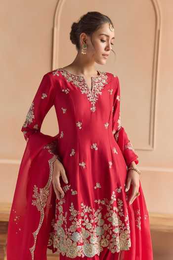 Shop Osaa By Adarsh Red Silk Split V-neck, Yes Embroidered Kurta Set Online at Aza Fashions Shop_Osaa By Adarsh_Red Silk Split V-neck, Yes Embroidered Kurta Set _Online_at_Aza_Fashions