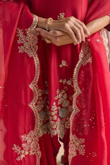 Osaa By Adarsh Red Silk Split V-neck, Yes Embroidered Kurta Set at Aza Fashions Osaa By Adarsh_Red Silk Split V-neck, Yes Embroidered Kurta Set _at_Aza_Fashions
