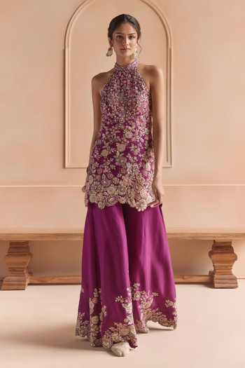 Osaa By Adarsh_Purple Silk Halter Neck, Yes Embroidered Kurta Sharara Set _Online_at_Aza_Fashions