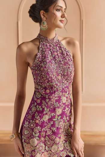 Shop_Osaa By Adarsh_Purple Silk Halter Neck, Yes Embroidered Kurta Sharara Set _Online_at_Aza_Fashions