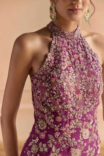 Osaa By Adarsh_Purple Silk Halter Neck, Yes Embroidered Kurta Sharara Set _at_Aza_Fashions