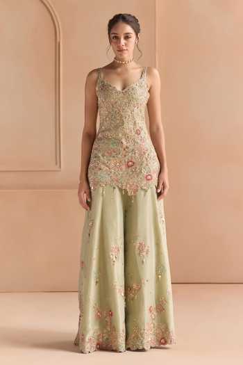 Osaa By Adarsh_Green Silk, Tissue Sweetheart Neck Embroidered Kurta Set _Online_at_Aza_Fashions