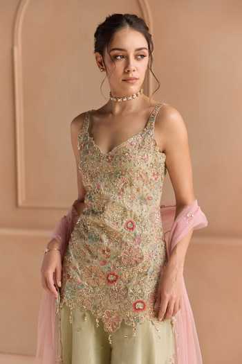 Buy_Osaa By Adarsh_Green Silk, Tissue Sweetheart Neck Embroidered Kurta Set _Online_at_Aza_Fashions