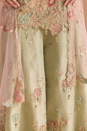 Shop_Osaa By Adarsh_Green Silk, Tissue Sweetheart Neck Embroidered Kurta Set _Online_at_Aza_Fashions