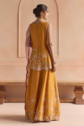 Osaa By Adarsh_Yellow Silk Scoop Neck, Yes Embroidered Kurta Sharara Set _Online_at_Aza_Fashions
