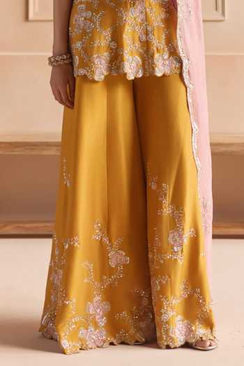 Buy_Osaa By Adarsh_Yellow Silk Scoop Neck, Yes Embroidered Kurta Sharara Set _Online_at_Aza_Fashions