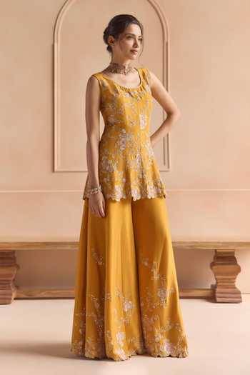 Shop_Osaa By Adarsh_Yellow Silk Scoop Neck, Yes Embroidered Kurta Sharara Set _Online_at_Aza_Fashions