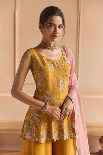 Osaa By Adarsh_Yellow Silk Scoop Neck, Yes Embroidered Kurta Sharara Set _at_Aza_Fashions