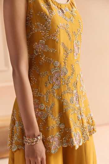 Buy_Osaa By Adarsh_Yellow Silk Scoop Neck, Yes Embroidered Kurta Sharara Set 