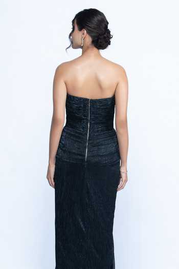 Aangan By Parul_Blue Lycra, Lurex Stones Sweetheart Neck Midnight Muse Draped Gown _Online_at_Aza_Fashions