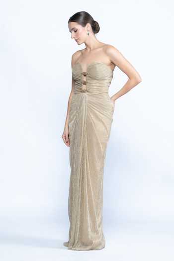 Aangan By Parul_Gold Lycra, Lurex Stones Sweetheart Neck Etoile Draped Gown _Online_at_Aza_Fashions