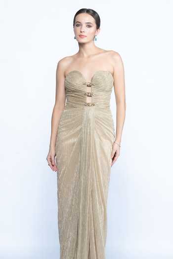 Buy_Aangan By Parul_Gold Lycra, Lurex Stones Sweetheart Neck Etoile Draped Gown _Online_at_Aza_Fashions
