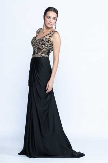 Aangan By Parul Black Satin, Tulle Embroidery, Sequins, Beads V-neck Midnight Majesty Gown Online at Aza Fashions Aangan By Parul_Black Satin, Tulle Embroidery, Sequins, Beads V-neck Midnight Majesty Gown _Online_at_Aza_Fashions