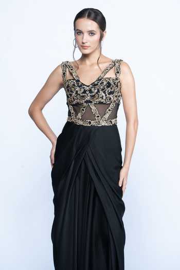 Buy Aangan By Parul Black Satin, Tulle Embroidery, Sequins, Beads V-neck Midnight Majesty Gown Online at Aza Fashions Buy_Aangan By Parul_Black Satin, Tulle Embroidery, Sequins, Beads V-neck Midnight Majesty Gown _Online_at_Aza_Fashions