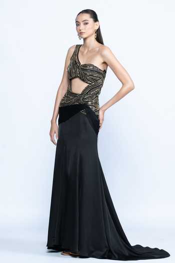 Aangan By Parul Noir Eclat One-Shoulder Gown 