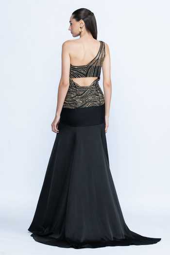 Aangan By Parul Noir Eclat One-Shoulder Gown 