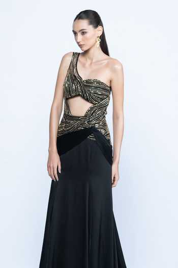 Aangan By Parul_Black Satin, Tulle Sequins, Beads One Shoulder Noir Eclat Gown _Online_at_Aza_Fashions
