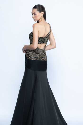 Buy_Aangan By Parul_Black Satin, Tulle Sequins, Beads One Shoulder Noir Eclat Gown _Online_at_Aza_Fashions