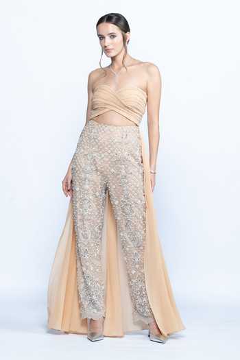 Aangan By Parul Celeste Blush Embroidered Pant & Bustier Set 