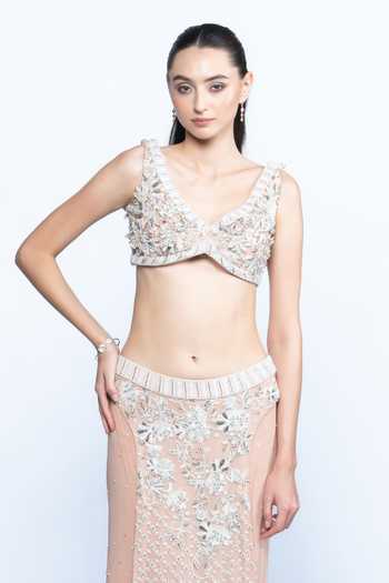 Aangan By Parul Peach Georgette, Tulle V-neck Blush Eclat Embroidered Bustier And Skirt Set Online at Aza Fashions Aangan By Parul_Peach Georgette, Tulle V-neck Blush Eclat Embroidered Bustier And Skirt Set _Online_at_Aza_Fashions