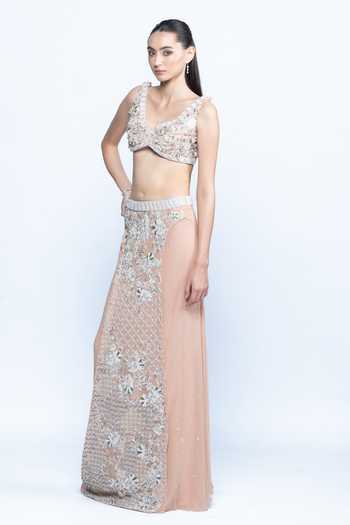 Buy Aangan By Parul Peach Georgette, Tulle V-neck Blush Eclat Embroidered Bustier And Skirt Set Online at Aza Fashions Buy_Aangan By Parul_Peach Georgette, Tulle V-neck Blush Eclat Embroidered Bustier And Skirt Set _Online_at_Aza_Fashions