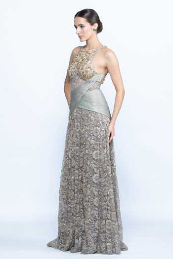 Aangan By Parul_Grey Satin, Lace, Chantilly Sequins, Beads, Zari Sage Royale Embellished Gown _Online_at_Aza_Fashions