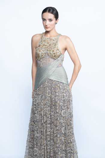 Buy_Aangan By Parul_Grey Satin, Lace, Chantilly Sequins, Beads, Zari Sage Royale Embellished Gown _Online_at_Aza_Fashions