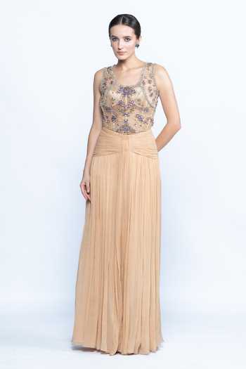 Aangan By Parul Champagne Crystal Embroidered Corset & Draped Skirt Set 