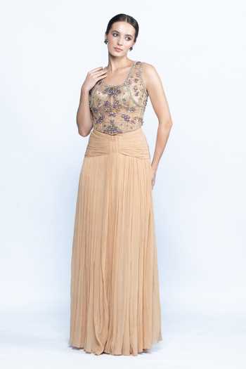 Aangan By Parul Beige Chiffon, Crinkle Crystals Champagne Embroidered Corset And Draped Skirt Set Online at Aza Fashions Aangan By Parul_Beige Chiffon, Crinkle Crystals Champagne Embroidered Corset And Draped Skirt Set _Online_at_Aza_Fashions