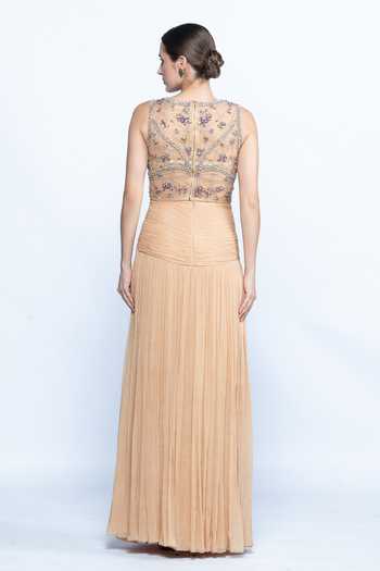 Aangan By Parul Champagne Crystal Embroidered Corset & Draped Skirt Set 