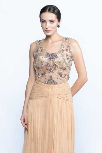 Buy Aangan By Parul Beige Chiffon, Crinkle Crystals Champagne Embroidered Corset And Draped Skirt Set Online at Aza Fashions Buy_Aangan By Parul_Beige Chiffon, Crinkle Crystals Champagne Embroidered Corset And Draped Skirt Set _Online_at_Aza_Fashions
