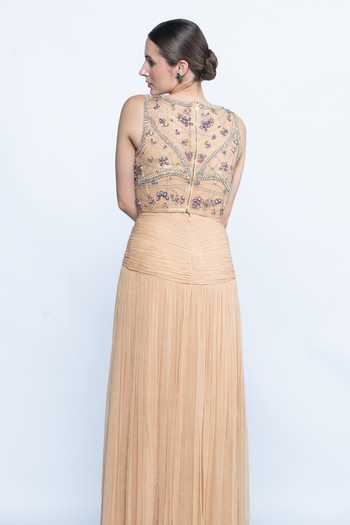 Shop Aangan By Parul Beige Chiffon, Crinkle Crystals Champagne Embroidered Corset And Draped Skirt Set Online at Aza Fashions Shop_Aangan By Parul_Beige Chiffon, Crinkle Crystals Champagne Embroidered Corset And Draped Skirt Set _Online_at_Aza_Fashions