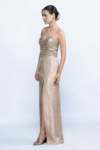 Aangan By Parul Beige Brocade Sequins, Stones, Crystals Sweetheart Opaline Corset Slit Gown Online at Aza Fashions Aangan By Parul_Beige Brocade Sequins, Stones, Crystals Sweetheart Opaline Corset Slit Gown _Online_at_Aza_Fashions