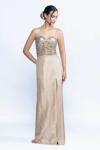 Aangan By Parul Opaline Crystal Corset Slit Gown 