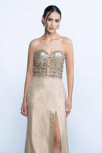 Shop Aangan By Parul Beige Brocade Sequins, Stones, Crystals Sweetheart Opaline Corset Slit Gown Online at Aza Fashions Shop_Aangan By Parul_Beige Brocade Sequins, Stones, Crystals Sweetheart Opaline Corset Slit Gown _Online_at_Aza_Fashions