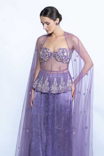 Aangan By Parul_Purple Satin, Tulle, Crinkle Sweetheart Lavender Etoile Embroidered Cape Set _Online_at_Aza_Fashions