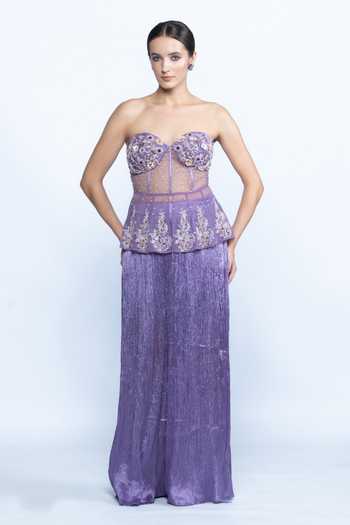 Buy_Aangan By Parul_Purple Satin, Tulle, Crinkle Sweetheart Lavender Etoile Embroidered Cape Set _Online_at_Aza_Fashions