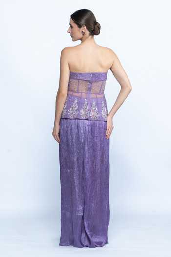 Aangan By Parul_Purple Satin, Tulle, Crinkle Sweetheart Lavender Etoile Embroidered Cape Set _at_Aza_Fashions