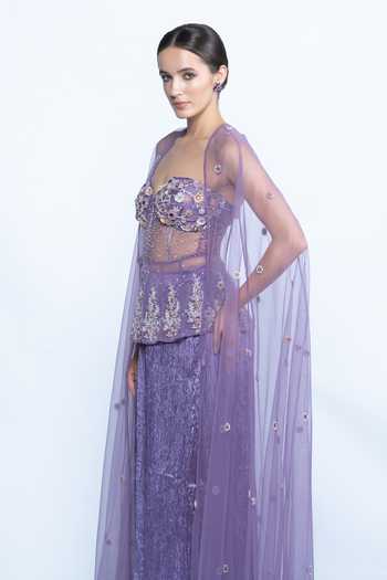 Buy_Aangan By Parul_Purple Satin, Tulle, Crinkle Sweetheart Lavender Etoile Embroidered Cape Set 