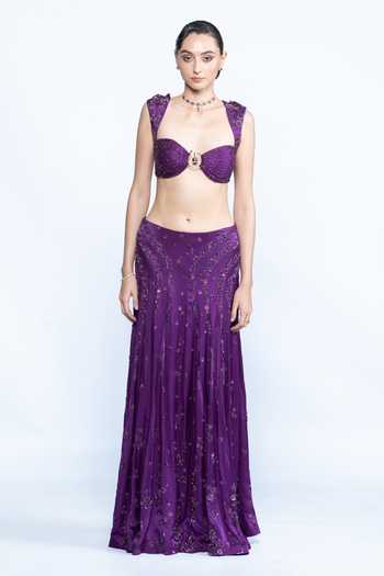 Aangan By Parul_Purple Satin Sweetheart Neck Amethyst Embellished Bustier And Panel Skirt Set _Online_at_Aza_Fashions