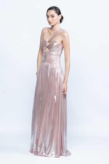 Aangan By Parul_Pink Lycra Crystals One Shoulder Blush Lumiere Gown _Online_at_Aza_Fashions