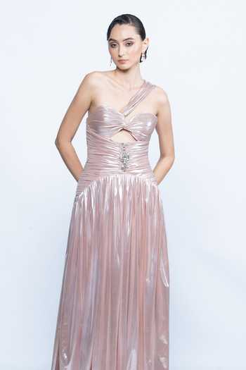 Buy_Aangan By Parul_Pink Lycra Crystals One Shoulder Blush Lumiere Gown _Online_at_Aza_Fashions