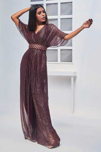 Monk & Mei By Sonia Anand Wine Lurex Striped Jumpsuit Set 