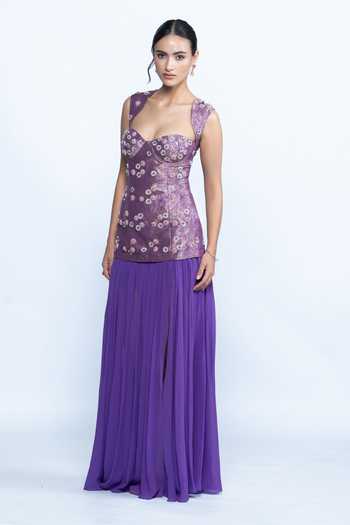 Buy Aangan By Parul Purple Georgette Sweetheart Neck Viola Banarasi Evening Dress Online at Aza Fashions Buy_Aangan By Parul_Purple Georgette Sweetheart Neck Viola Banarasi Evening Dress _Online_at_Aza_Fashions