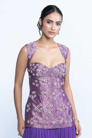 Aangan By Parul Purple Georgette Sweetheart Neck Viola Banarasi Evening Dress at Aza Fashions Aangan By Parul_Purple Georgette Sweetheart Neck Viola Banarasi Evening Dress _at_Aza_Fashions