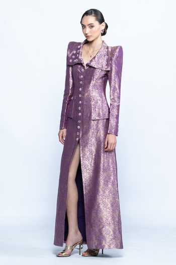 Aangan By Parul Purple Brocade Collared Neck Imperial Amethyst Coat Dress Online at Aza Fashions Aangan By Parul_Purple Brocade Collared Neck Imperial Amethyst Coat Dress _Online_at_Aza_Fashions