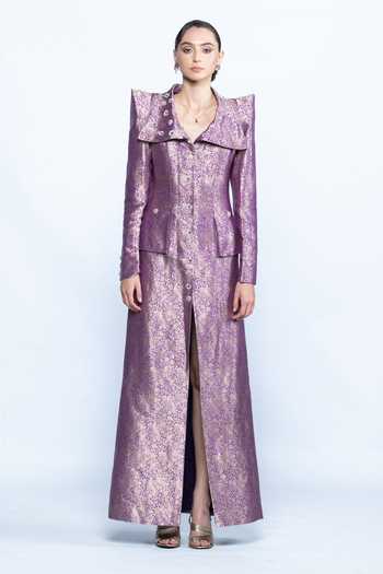 Aangan By Parul Imperial Amethyst Brocade Coat Dress 